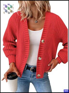 Oversized Chunky Knit Cardigan V-Neck Button Down Waffle Texture Sweater